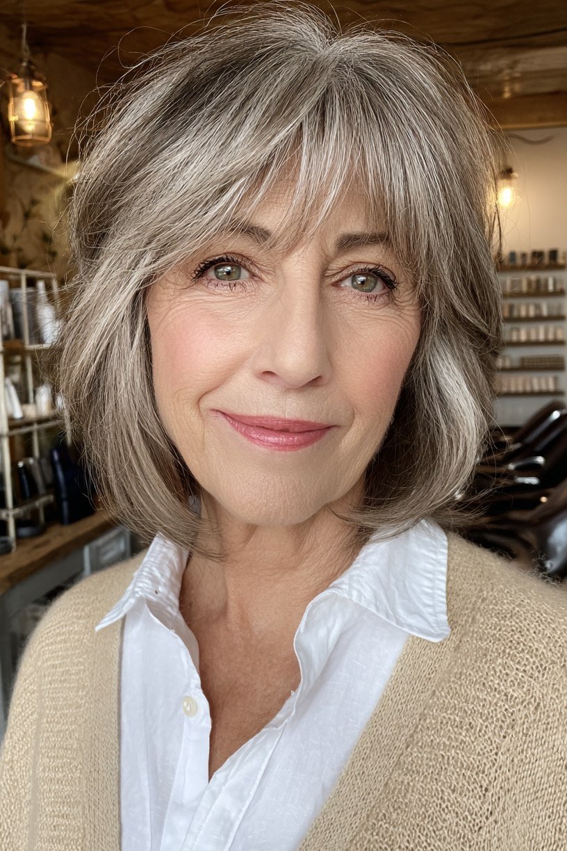 Silver shaggy bob with piecey ends for fine hair over 60, front view