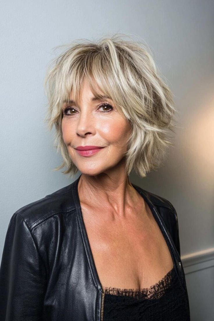 Blonde shaggy bob with leather jacket, edgy haircut for women over 60