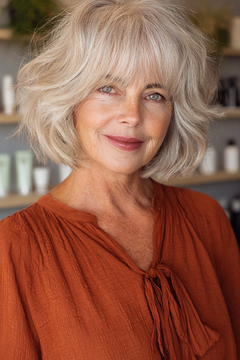 Warm blonde shaggy bob for thin hair over 60, rust tones