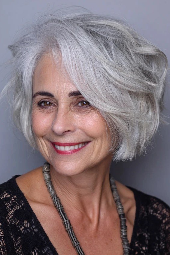 Classic white shaggy bob for women over 60 with fine hair, front view