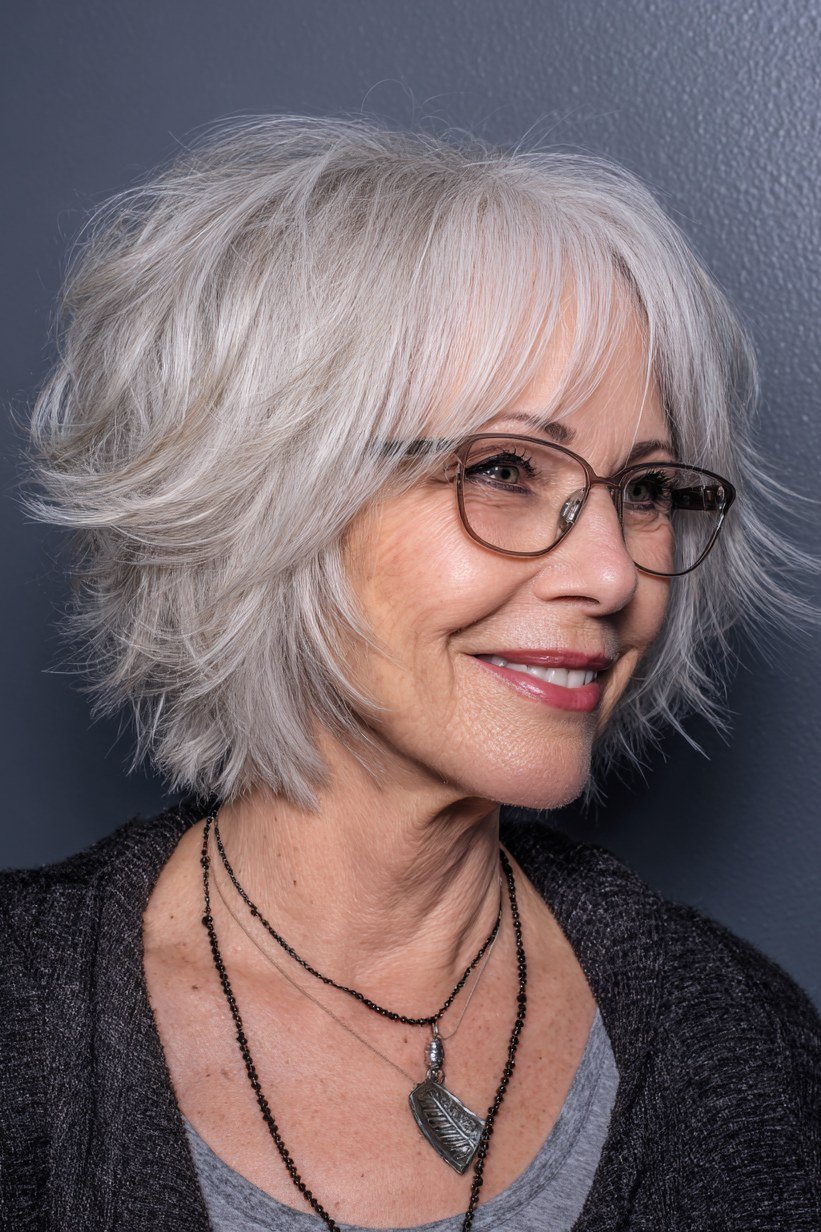 Silver shaggy bob with statement glasses for thin hair over 60