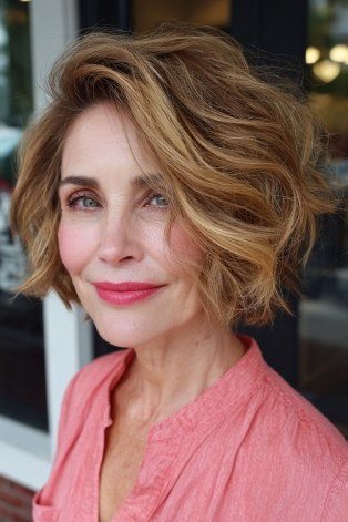 Honey blonde shaggy bob with feathered layers for fine hair