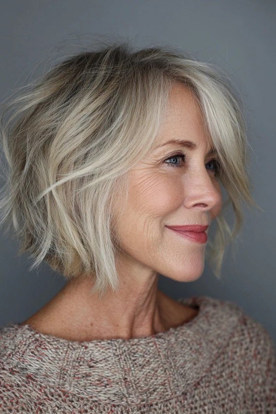Blonde shaggy bob with airy layers for thin hair, 3/4 view