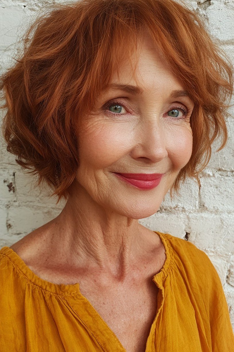 Fiery copper shaggy bob haircut for thin hair over 60, front view