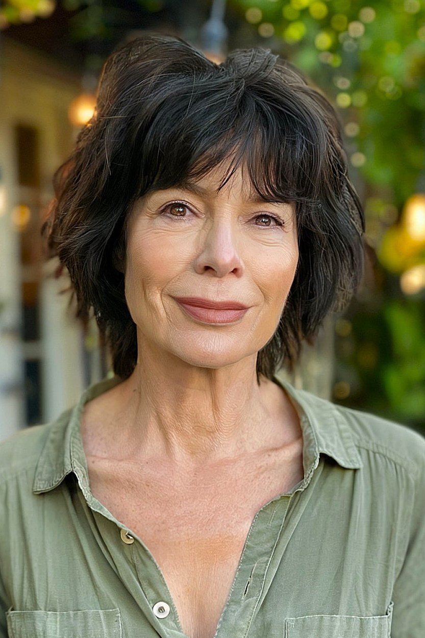 Dark brunette shaggy bob for women over 60, outdoor view