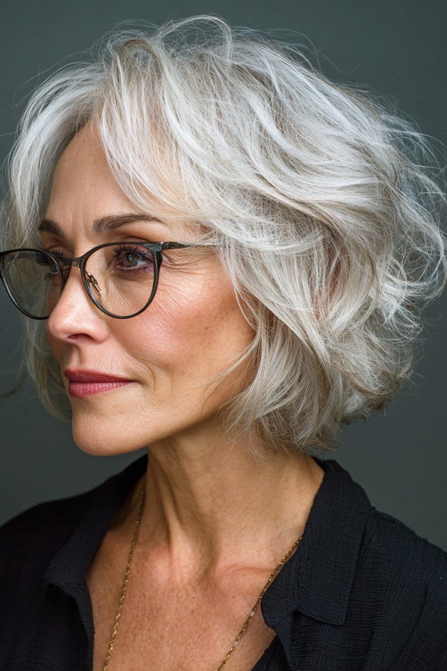 White shaggy bob with glasses for fine hair over 60, side profile