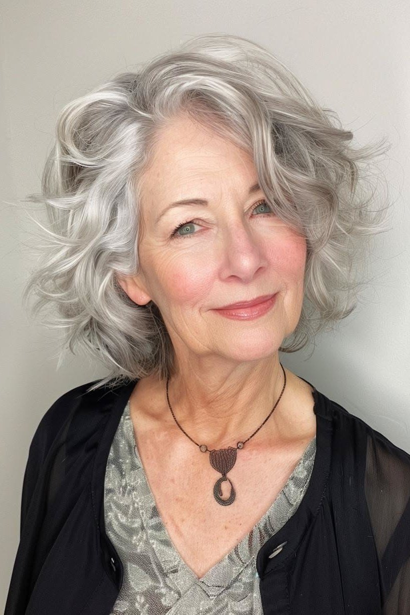 Curly silver bob haircut for women over 60 with thin hair, front view