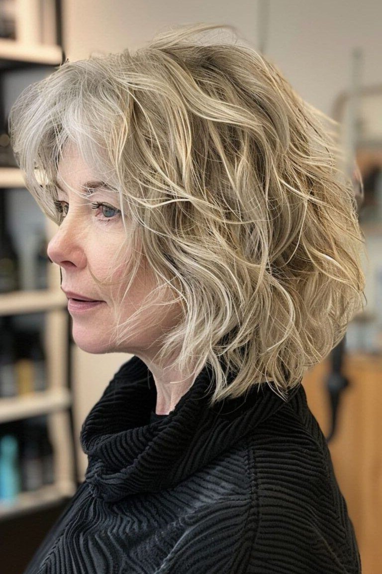 Blonde shaggy bob with choppy layers for thin hair over 60, side profile