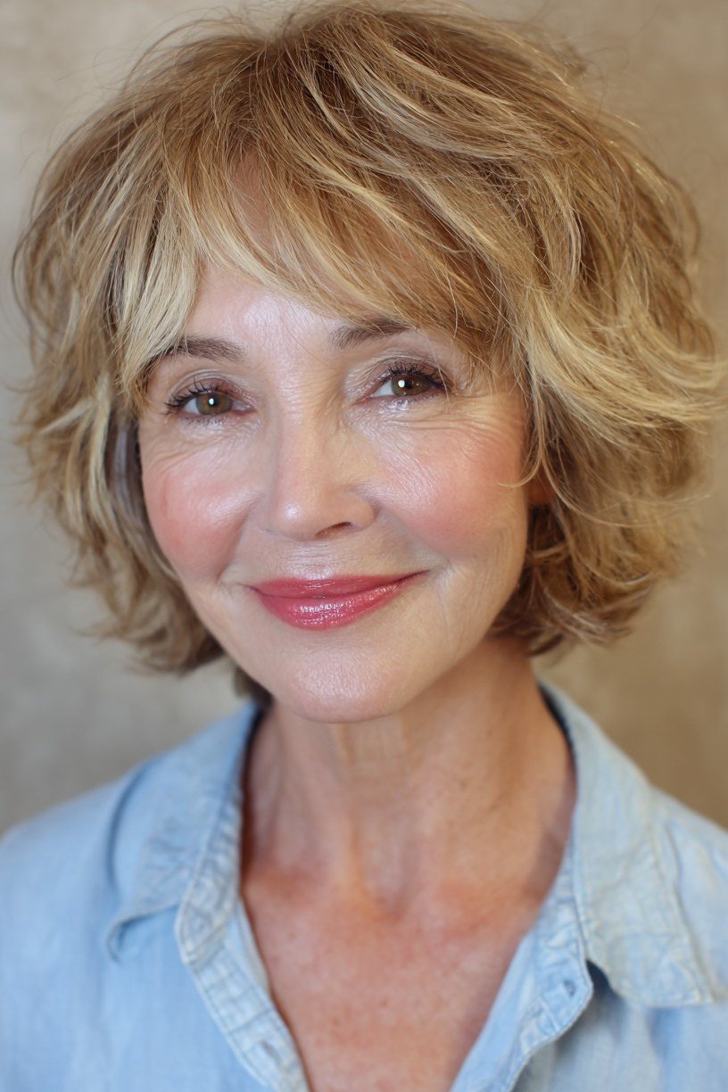 Casual honey blonde shaggy bob for women over 60 with thin hair
