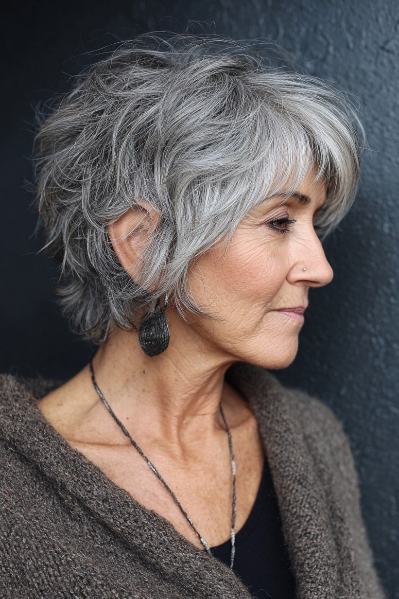 Gray shaggy pixie bob for thin hair over 60, side profile