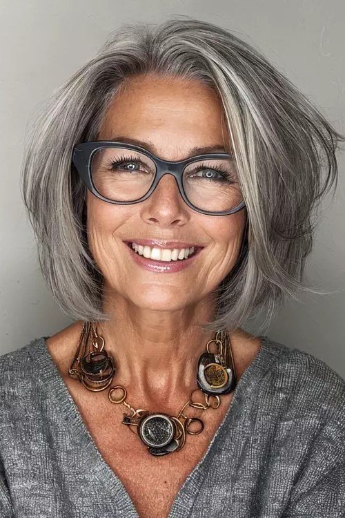 Gray shaggy bob with glasses for thin hair over 60, front view