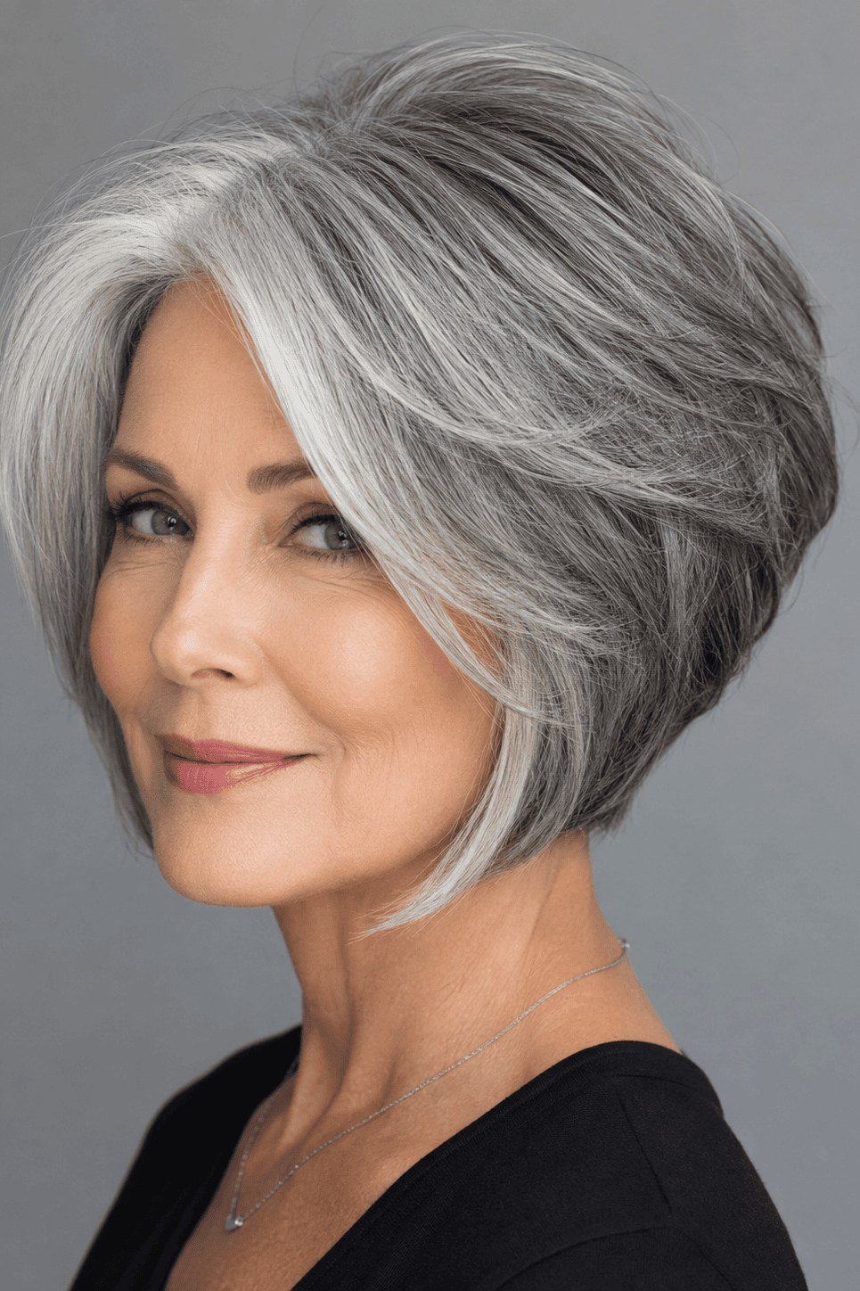 Silver bob with soft movement for fine hair over 60, 3/4 view