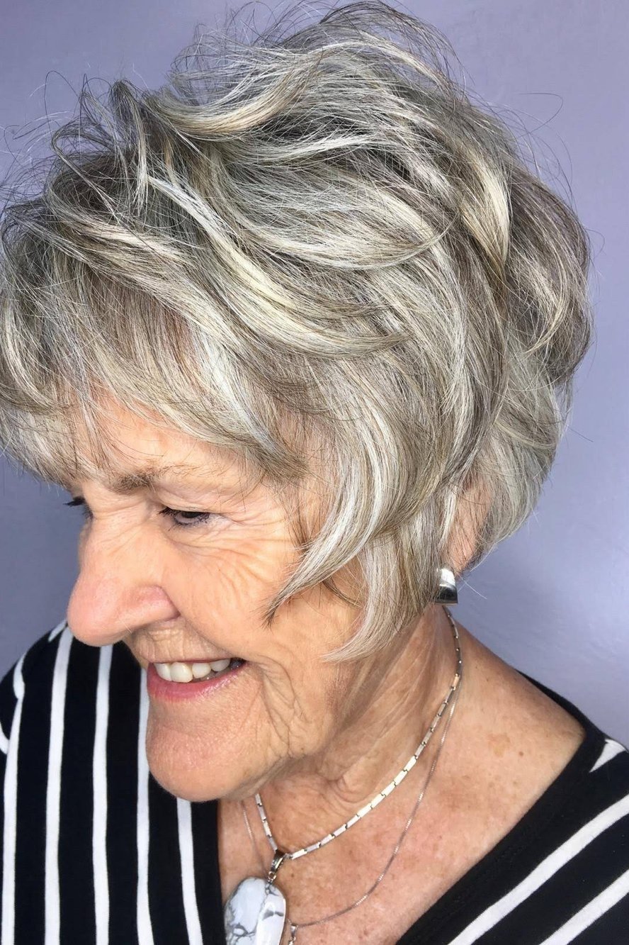 Warm blonde shaggy bob for thin hair over 60, side view