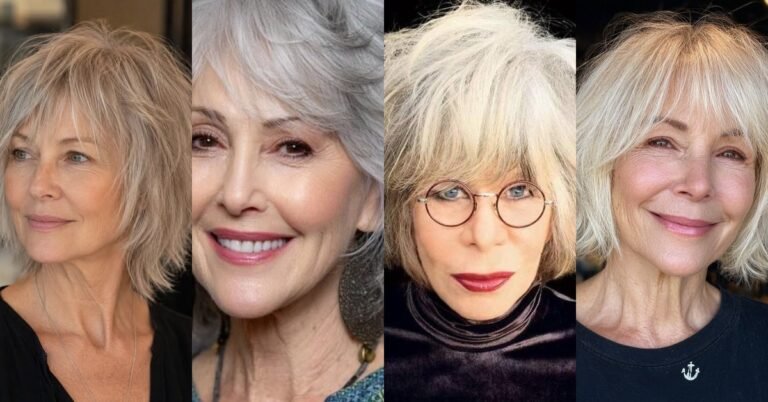 Collage of four chic shaggy bob hairstyles for women over 60 with thin hair