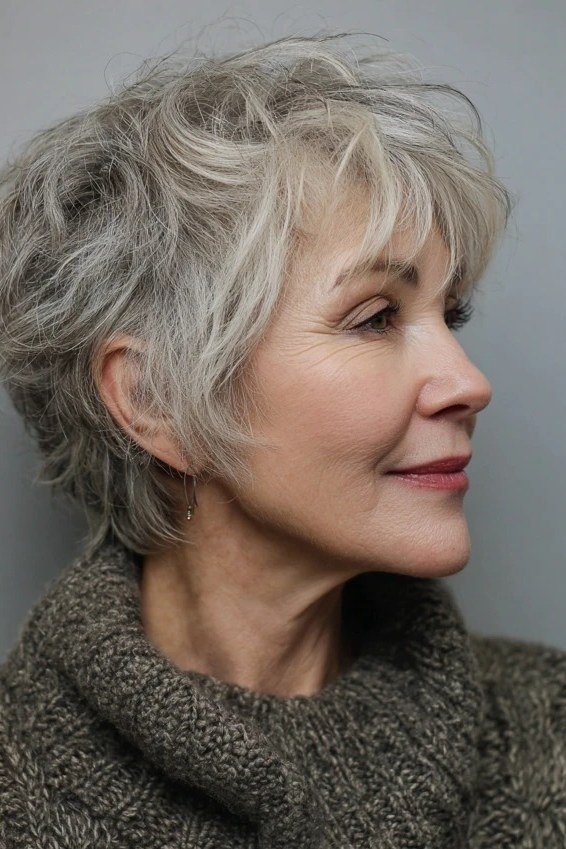 Silver Shaggy Pixie in Profile for women over 70, side view