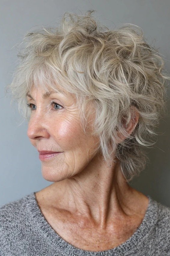 Silver Curly Shag with Airy Texture for women over 70, three-quarter view