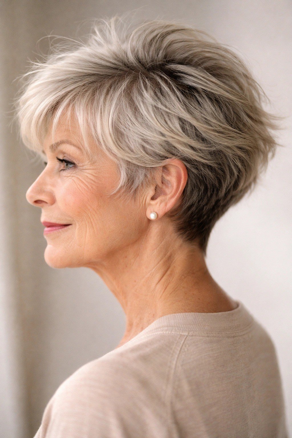 Silver Stacked Bob with a Rounded Back for women over 70, side view