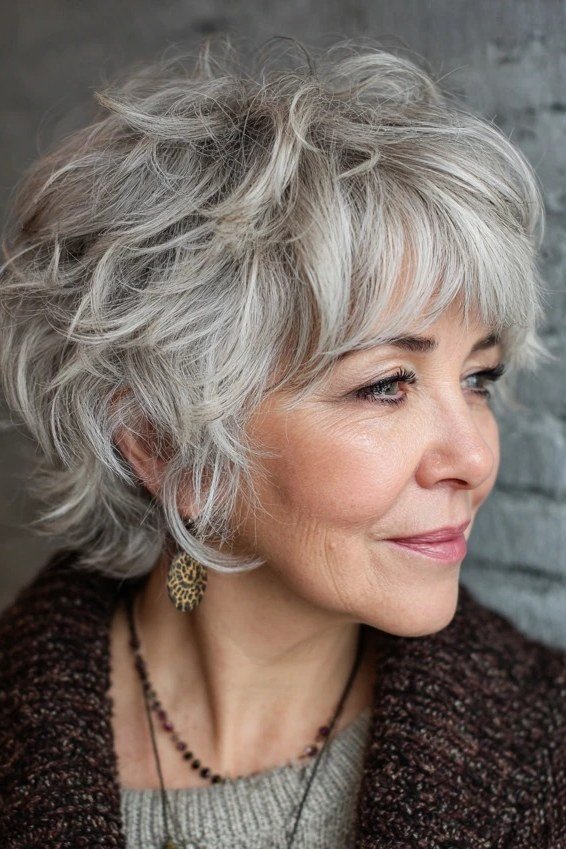 Silver Shaggy Bob with Face-Framing Layers for women over 70, front view