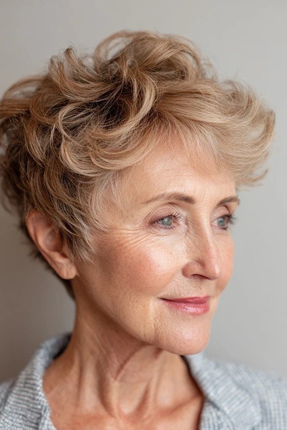 Caramel Curly Crop with Bounce for women over 70, three-quarter view