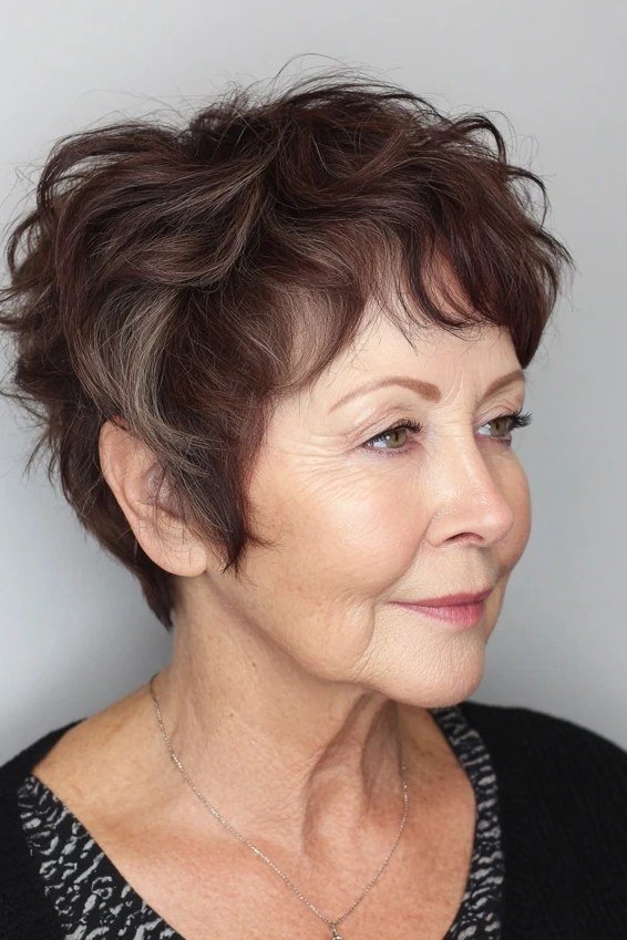 Brunette Choppy Pixie with Depth for women over 70, three-quarter view