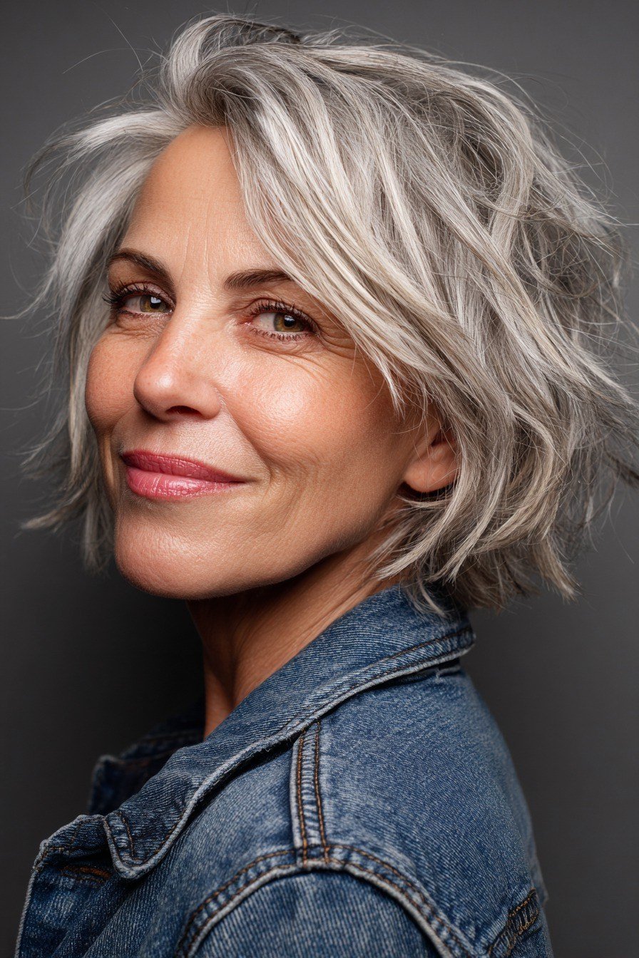 Silver Shaggy Pixie-Bob for women over 70, three-quarter view