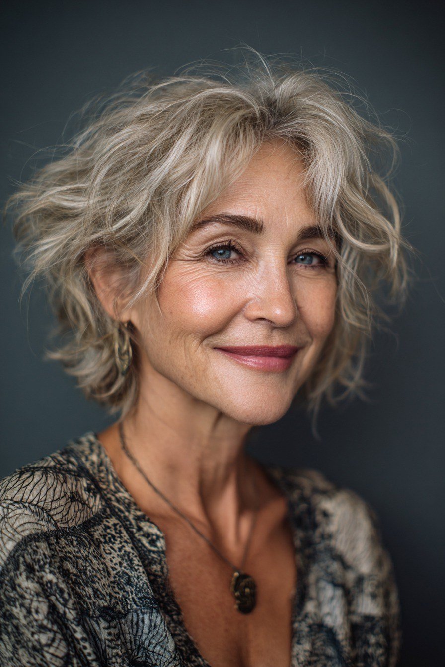 Silver Shaggy Bob with Tousled Texture for women over 70, front view