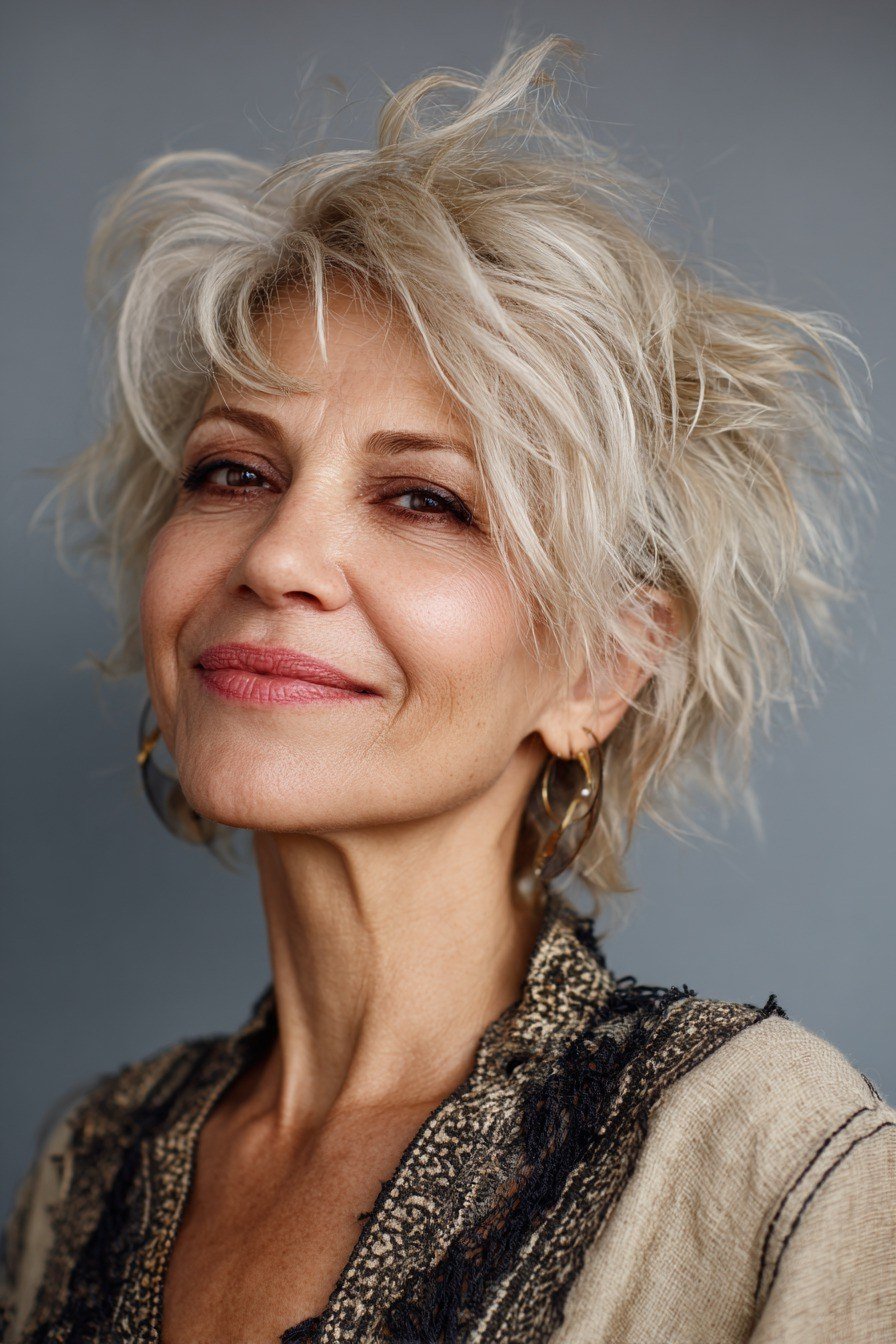 Blonde Tousled Pixie for women over 70, front view