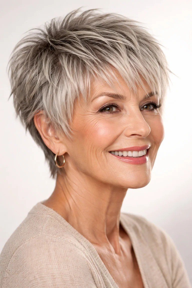 Blonde Pixie with a Happy Glow for women over 70, front view smiling