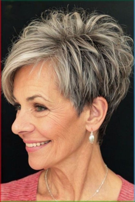 Salt-and-Pepper Pixie with Volume for women over 70, three-quarter view