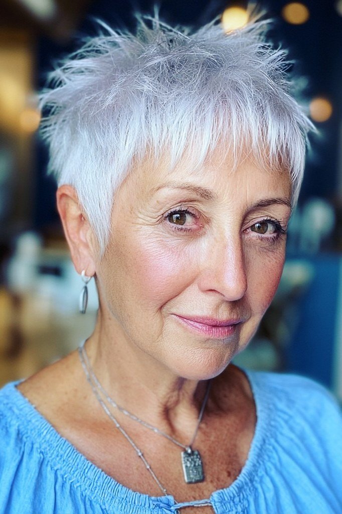 White Spiky Pixie, Front View for women over 70, front view