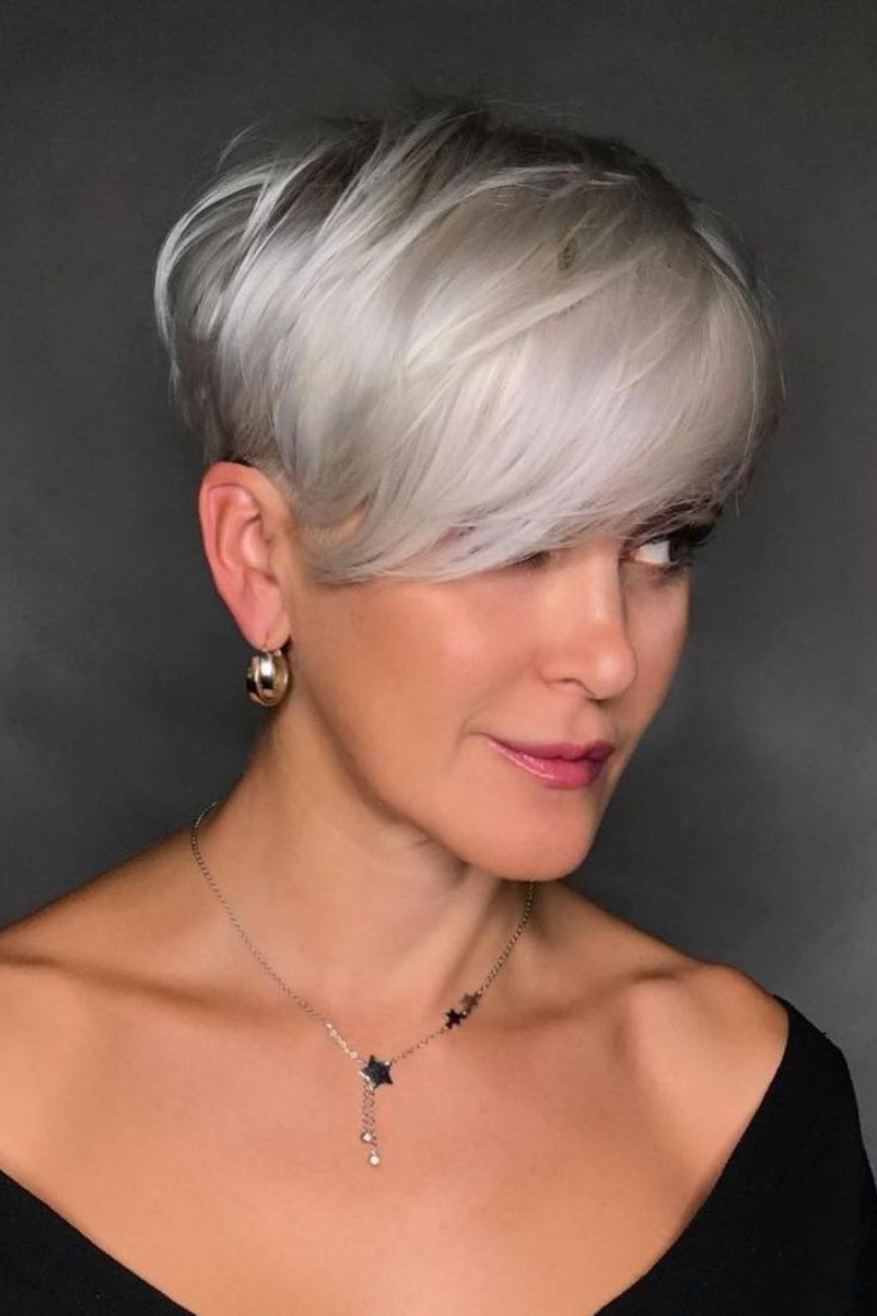 White Asymmetric Pixie for women over 70, front view