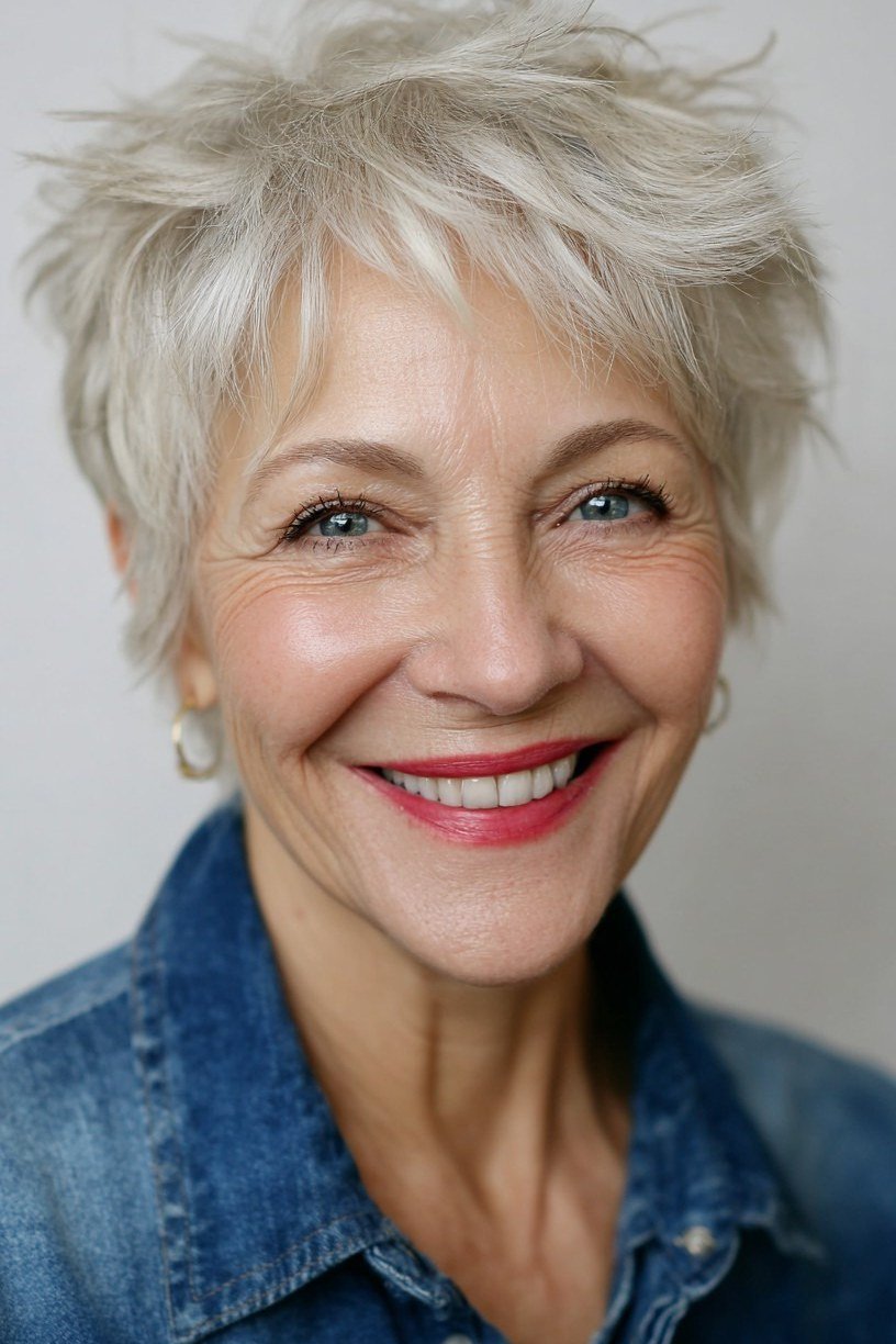 White Shaggy Pixie with Softness for women over 70, front view