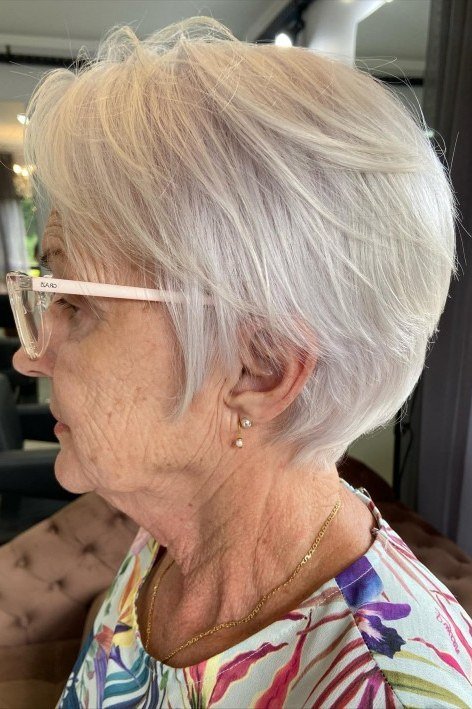White Pixie with Glasses, Side View for women over 70, side view