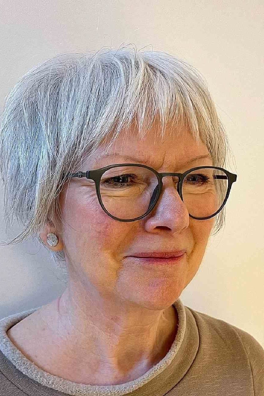 Silver Shaggy Pixie with Glasses for women over 70, front view