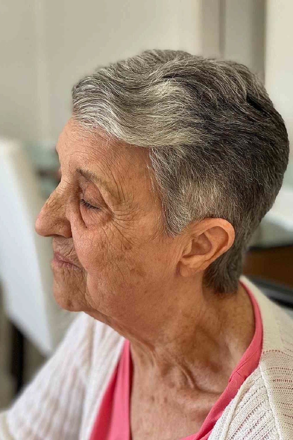 Dark Gray Pixie, Side View for women over 70, side view