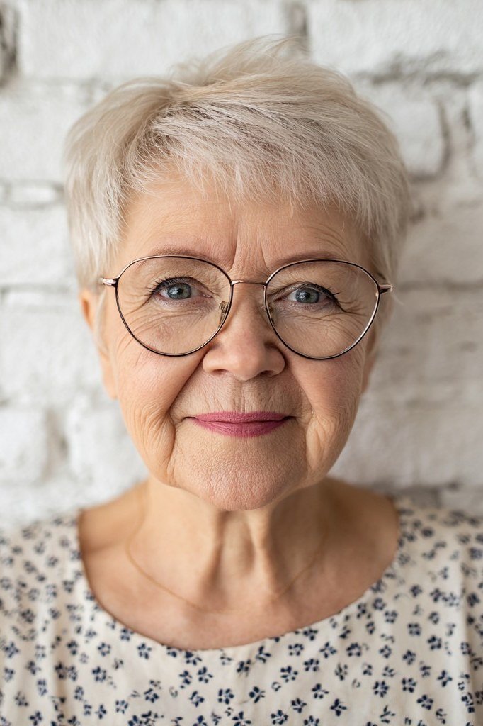 Silver Pixie with Glasses, Front View for women over 70, front view