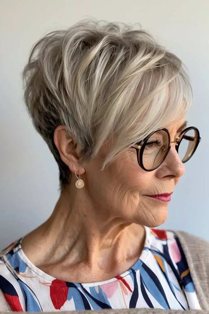 Silver Pixie with Glasses, Side View for women over 70, side view