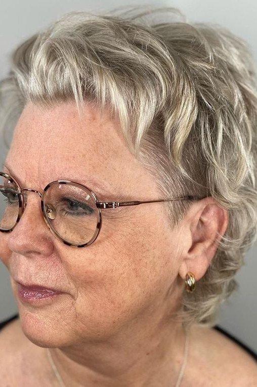 Silver Curly Pixie with Glasses for women over 70, three-quarter view