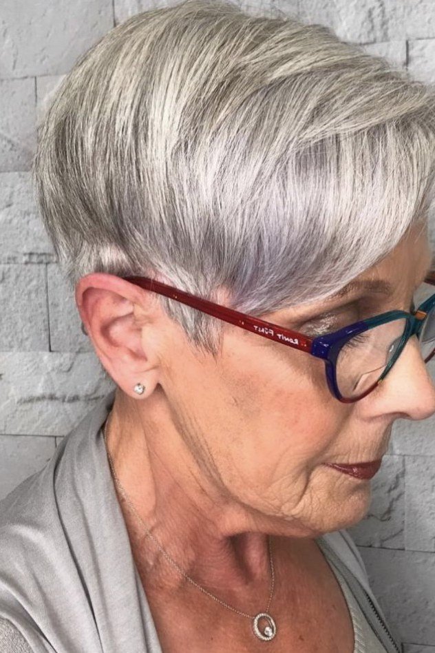 Gray Pixie with Glasses, Side View for women over 70, side view