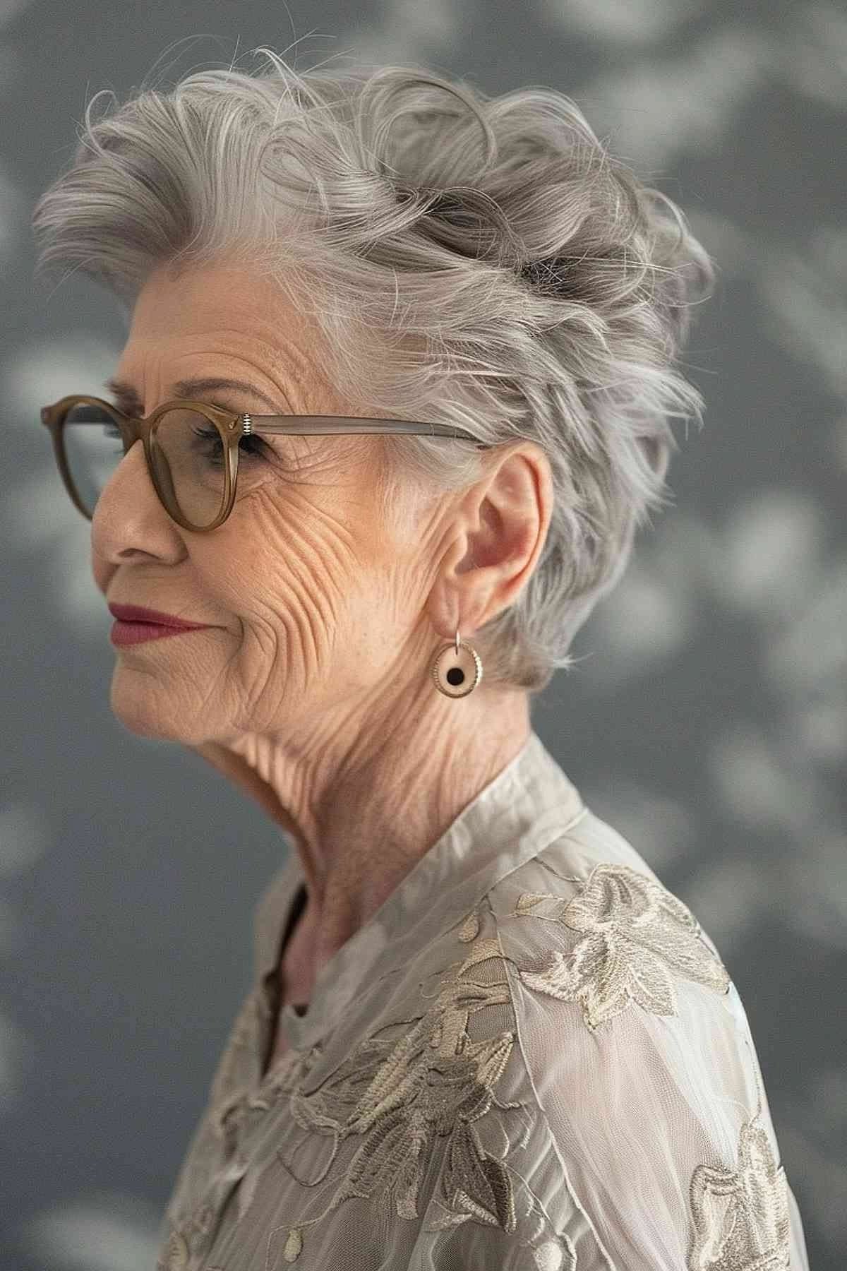 Gray Pixie with Glasses, Side View for women over 70, side view
