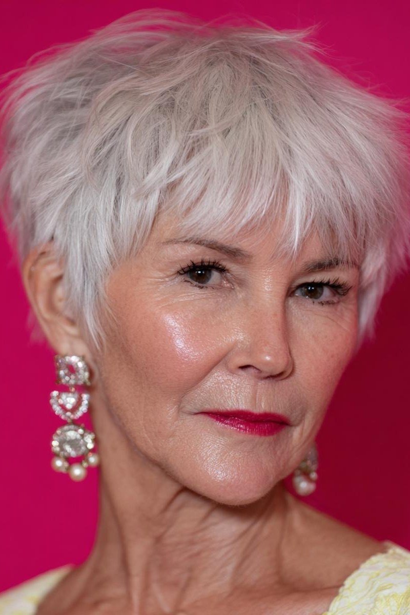 White Pixie on a Bold Backdrop for women over 70, front view