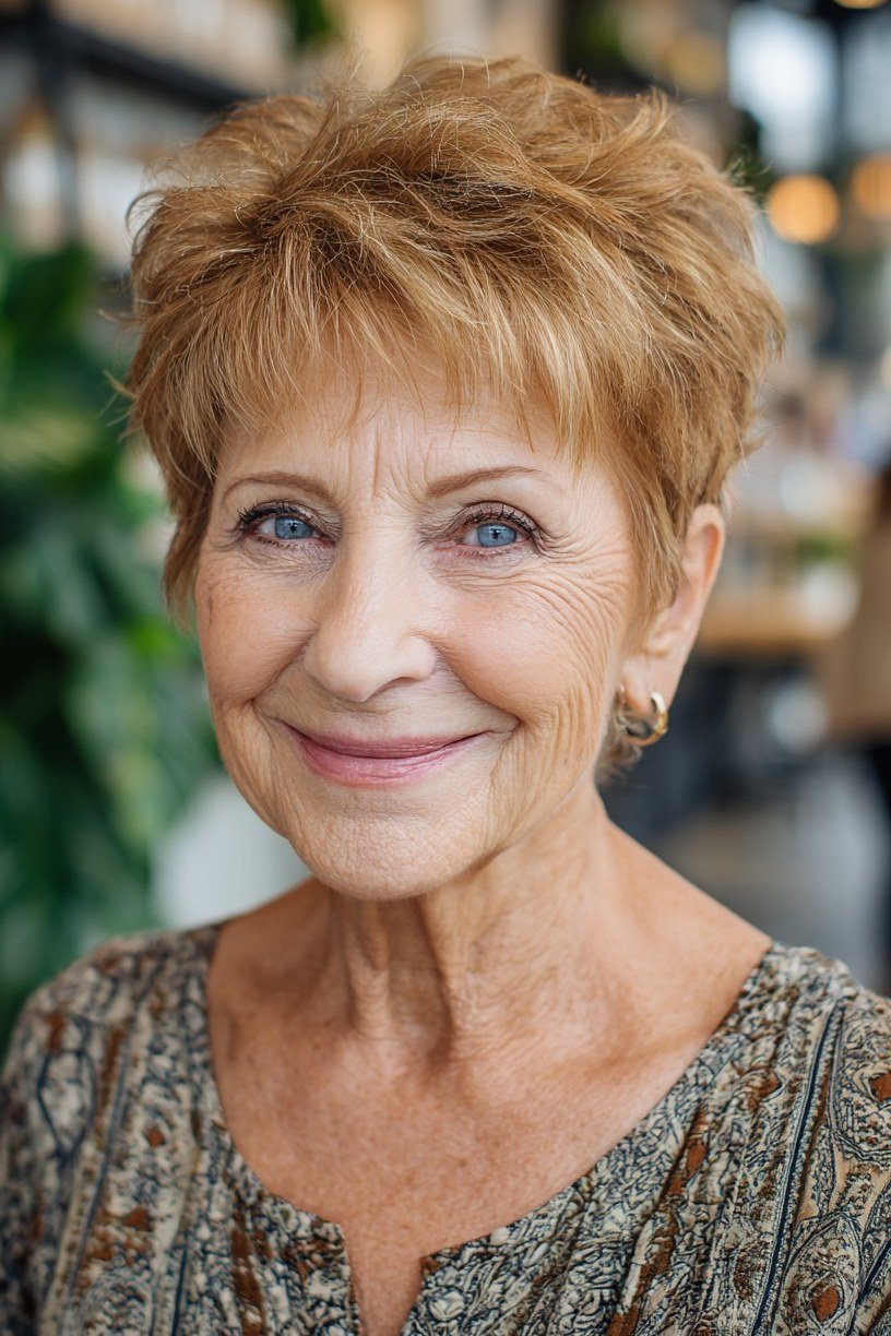 Copper Pixie with Warmth for women over 70, front view smiling