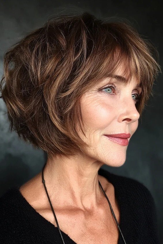 Brunette shaggy bob with bangs, side view - shaggy haircut for women over 50 with fine hair