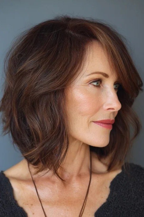 Brunette shaggy lob, side view - shaggy haircut for women over 50 with fine hair