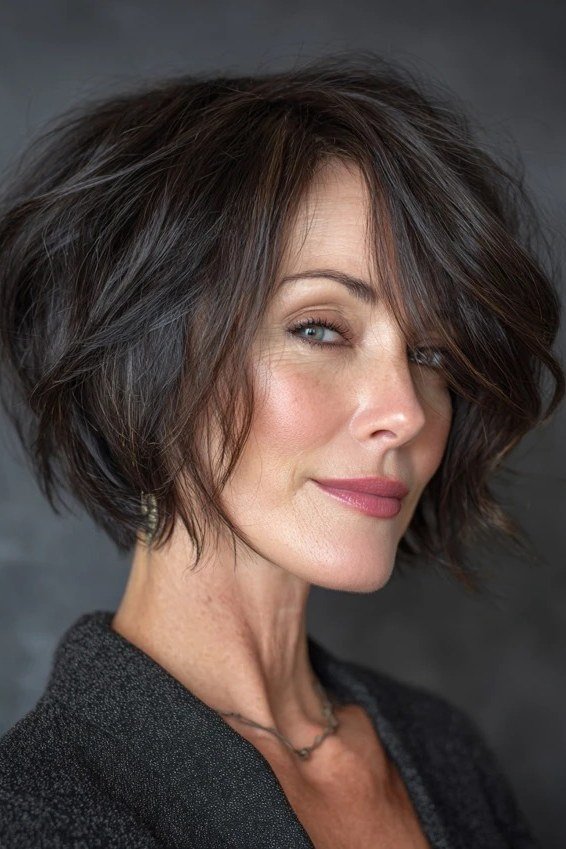 Dark shaggy bob, front view - shaggy haircut for women over 50 with fine hair