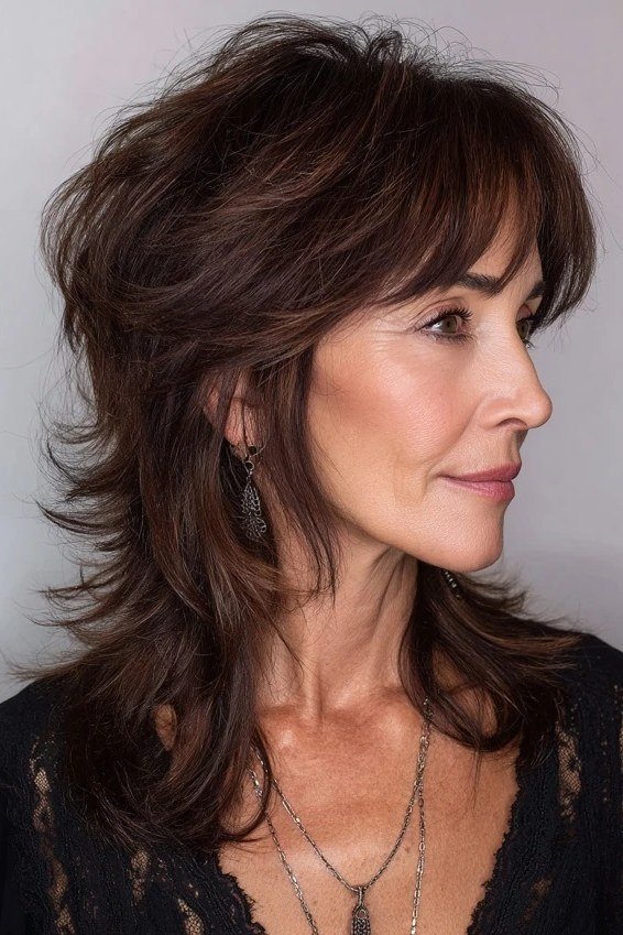 Brunette long shag with bangs, side view - shaggy haircut for women over 50 with fine hair