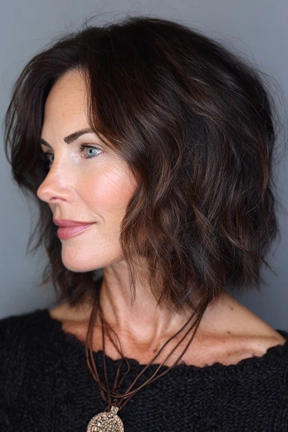 Dark wavy shaggy bob, side view - shaggy haircut for women over 50 with fine hair