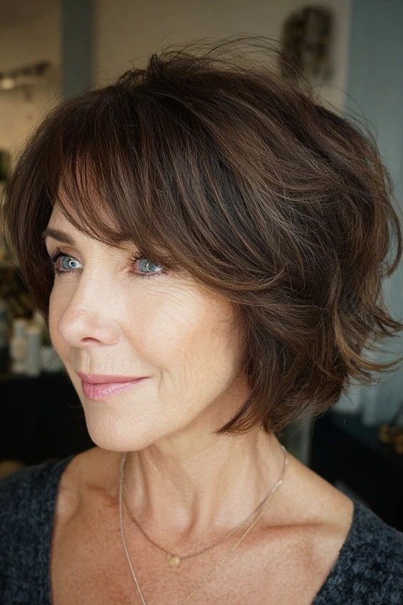 Brunette shaggy bob, side view - shaggy haircut for women over 50 with fine hair