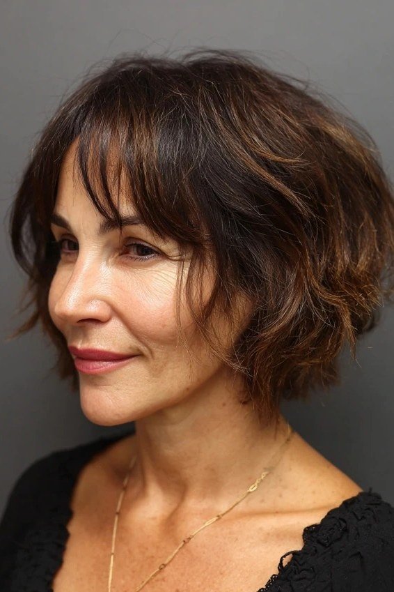 Brunette rounded shaggy bob, front - shaggy haircut for women over 50 with fine hair