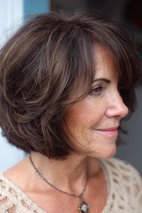Brunette shaggy bob, three-quarter view - shaggy haircut for women over 50 with fine hair